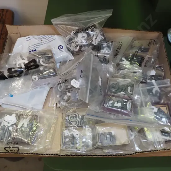 box; metal and plastic letters, numbers and other type