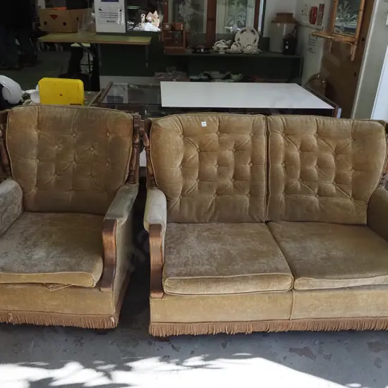 retro wood and deep buttoned upholstered lounge suite - 1 seater and 2 seater
