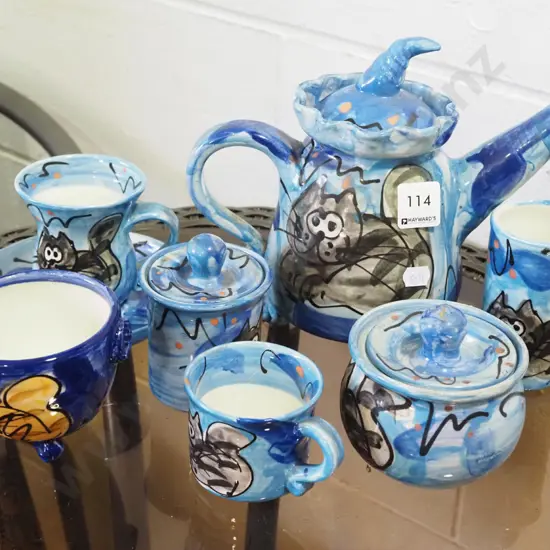studio pottery cat themed tea pot, cups etc - repair to sugar lid