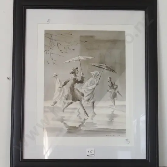 framed Ralph Miller print - women with umbrellas H-500 W-460