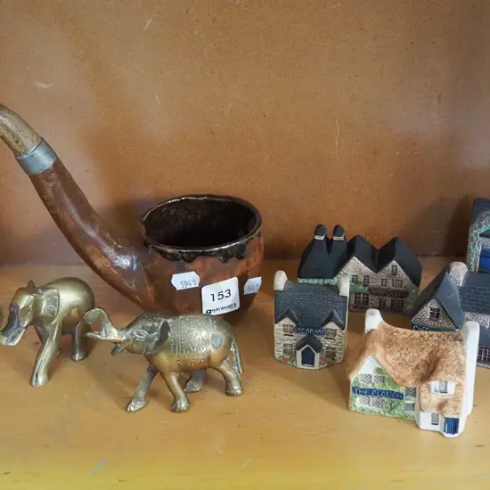miniature cottages, pipe cup/bowl, elephants