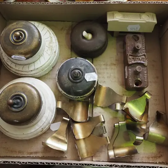 box; vintage light switches, picture hooks, fuses