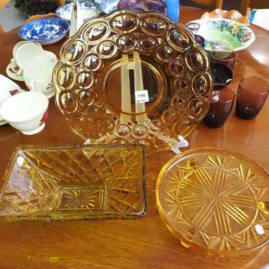 amber glass plates, vase