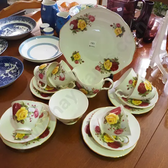 Queen Anne yellow and pink rose trios, plate, creamer, sugar - chip to jug