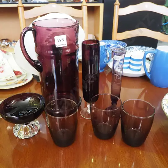 purple glass water jug , bud vases, comports, tumblers