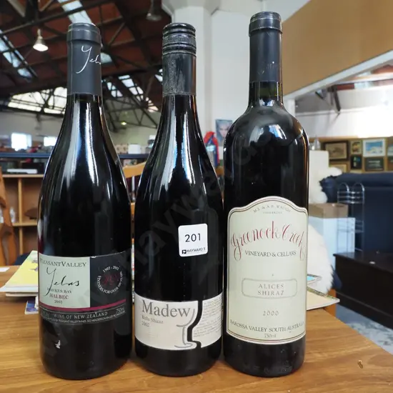 3x bottles of red wine Greenock Creek shiraz 2000, Madew Shiraz 2002, Pleasant Valley malbec 2003