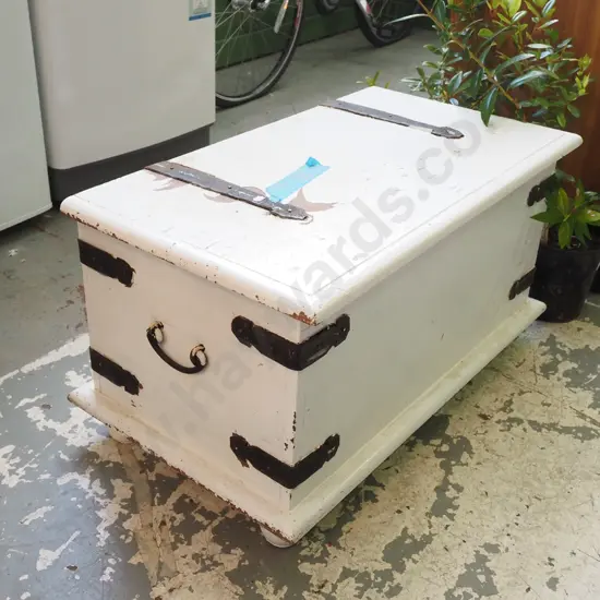 hand painted Asian hardwood chest with heavy metal brackets and hinges