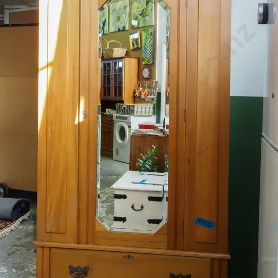 colonial kauri wardrobe with lower drawer, bevelled glass door - signs of borer