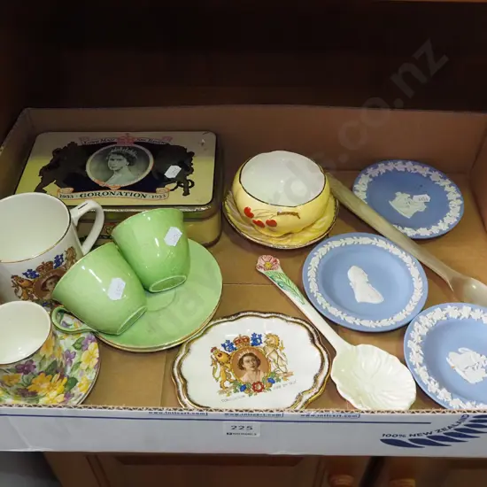 box; jasperware dishes, cups, saucers etc