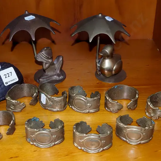 brass napkin rings, frog figurines, cast iron hedgehog