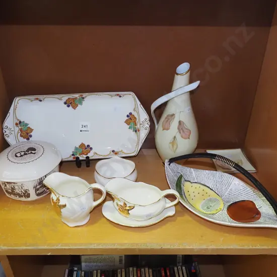 shelf; ceramic basket, floral vase, sandwich tray, Crown Lynn Ceramco lidded bowl etc