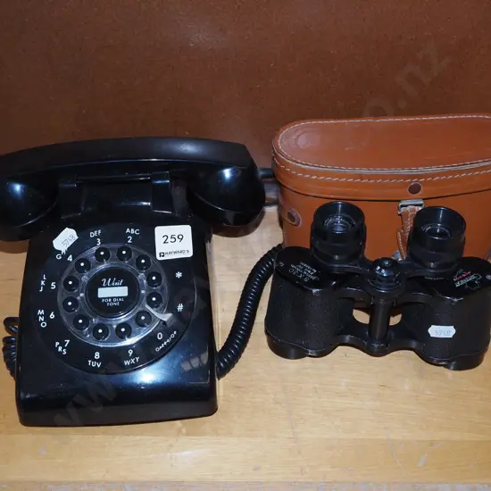 push button telephone, cased 8x30 leather cased binoculars