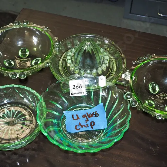glass bowls, glass lemon squeeze - uranium glass bowl has chip