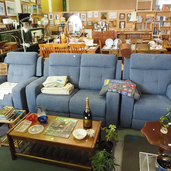 blue upholstered electric reclining modern 3 piece lounge suite - 2 seater settee and 2 singles