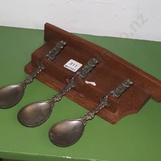 oak spoon rack and pewter figural spoons