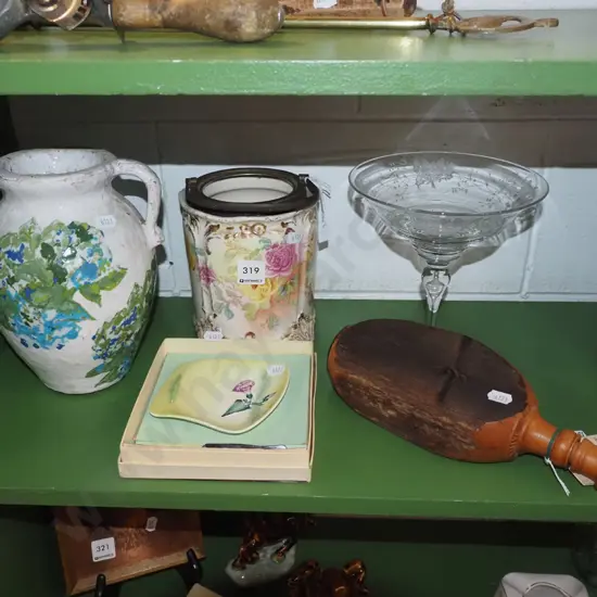 etched glass comport, vase, biscuit barrel no lid, etc