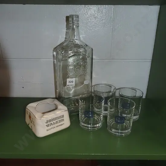 Johnnie Walker advertising ashtray, whisky bottle and tumblers