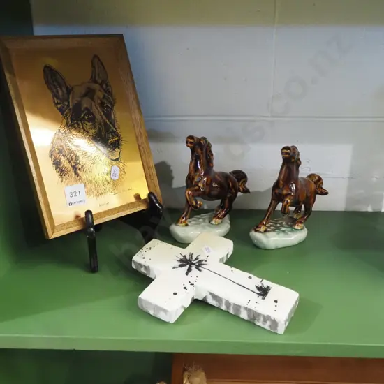 etched copper Alsatian picture, 2 horse figurines, crucifix