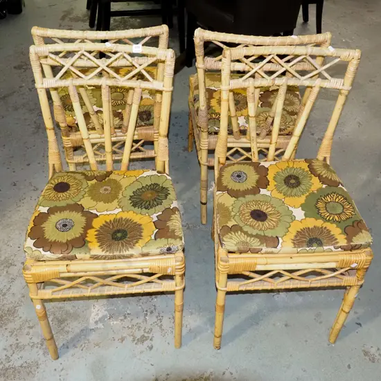 4x retro bamboo upholstered dining chairs