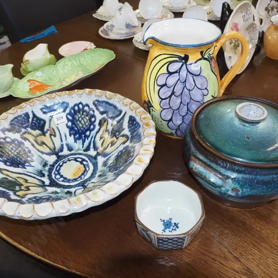 studio pottery jug, fruit bowl, lidded casserole, small Asian bowl