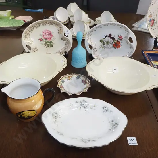 2 Clarice Cliff bowls, floral plates, lustre jug etc