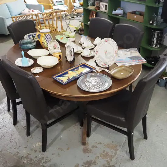 mahogany extending twin pedestal dining table with 6 vinyl upholstered chairs H730 L1780 W1230