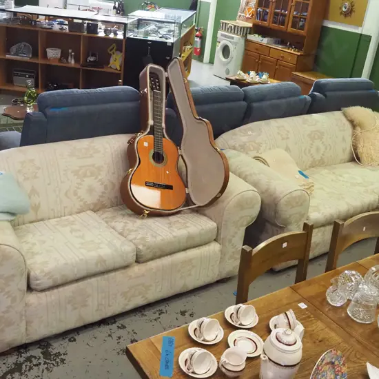 cream and fawn geometric pattern rolled arm lounge suite - 3 seater divan and a 2-seater