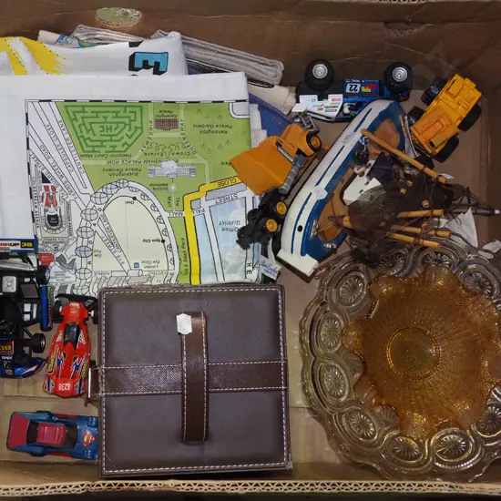 box of tea towels, model vehicles, glass comport, etc.