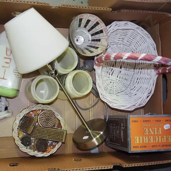 box of marmalade jars, tea caddy, cane basket, etc