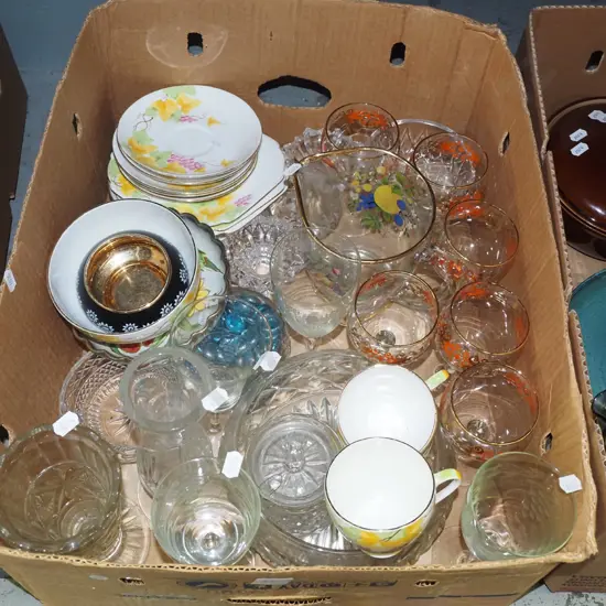box of wine glasses, saucers, cups, bowls, etc