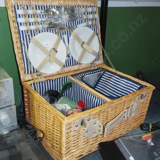 unused condition cane picnic hamper and contents - plates, cutlery