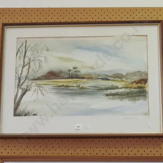 framed watercolour - river scene - framing needs attention