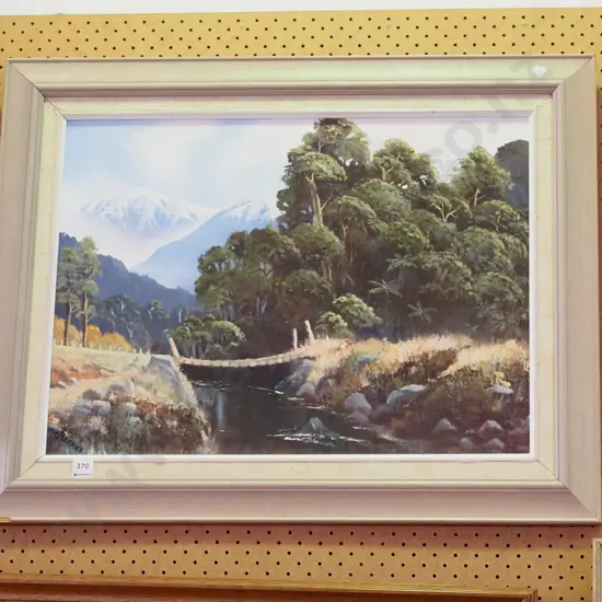framed oil on board - stream and mountain bush scene - framing needs attention