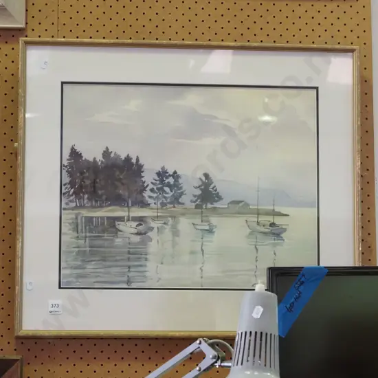 TV Hall - framed watercolour - moored boats H-380 W-470