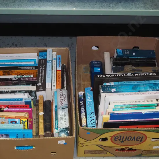 2 boxes of various books - blue dots