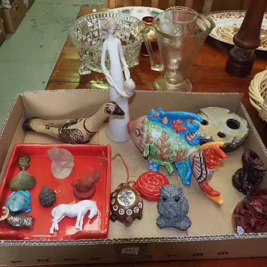 box; figurines, ceramic tray, small glass vase etc