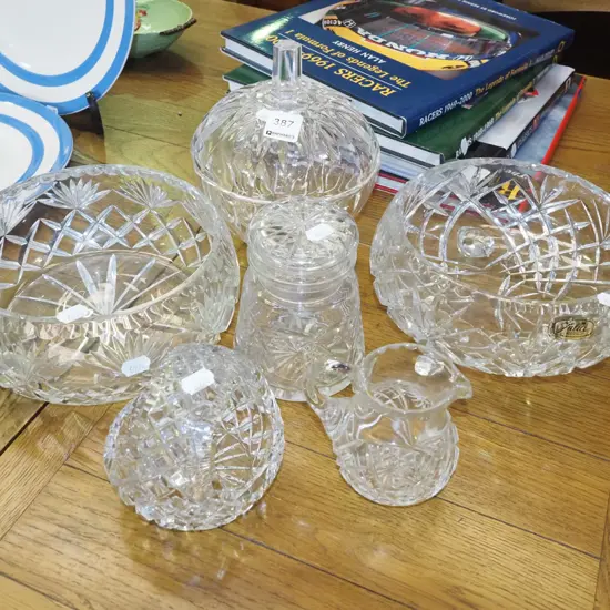 crystal bowls, jug, canisters etc