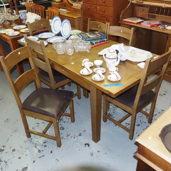 heavy solid oak extending dining table with 6 ladder back chairs H-780 W-1830 D-900