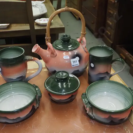 studio pottery coffee cup, creamer, sugar etc