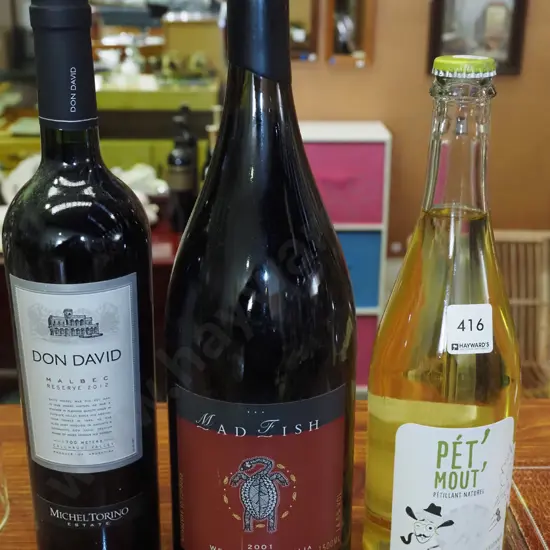 3x bottles of wine - Don David malbec 2012, Madrin shiraz 2001, Pet Mout chardonnay