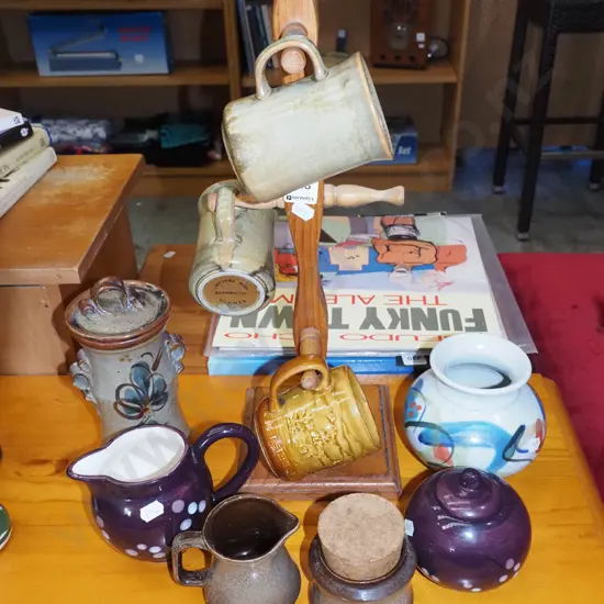 coffe cups, cup stand, pottery bowl, jugs, canister etc