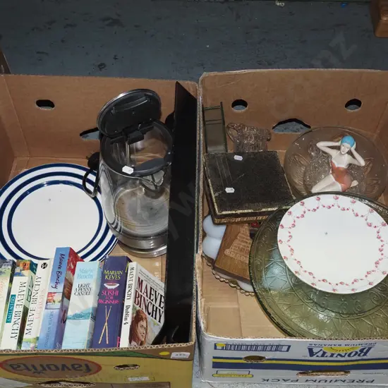2 boxes; box; electric kettle, serving tray, plate, books, cake stand etc - yellow dots