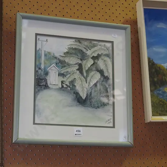 JK Weir framed ink and watercolour - garden scene H-280 W-240