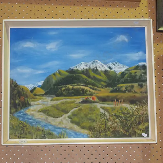 framed oil on board - river and mountain scene