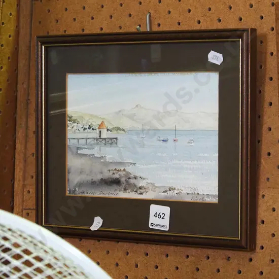 small framed watercolour - Akaroa Harbour H-230 W-230