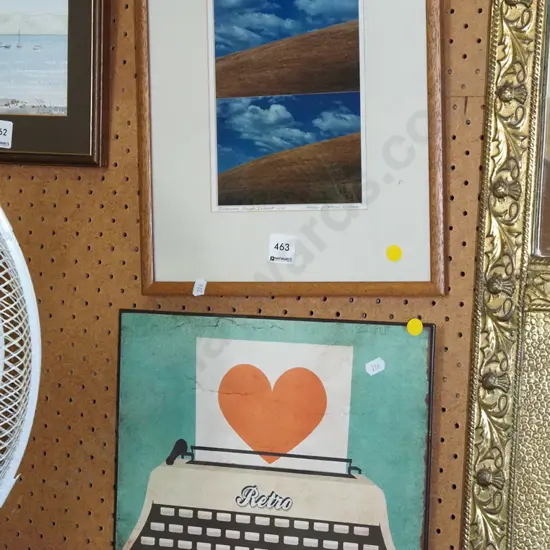 2x framed prints - landscape, typewriter - yellow dots