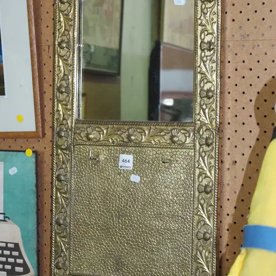 pressed brass thistle themed framed wall mirror with 2 hooks for brushes H-560