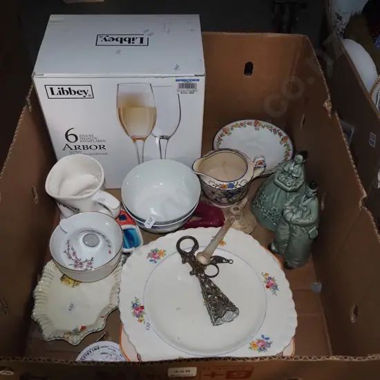 box; plates, figurines, wine glasses etc