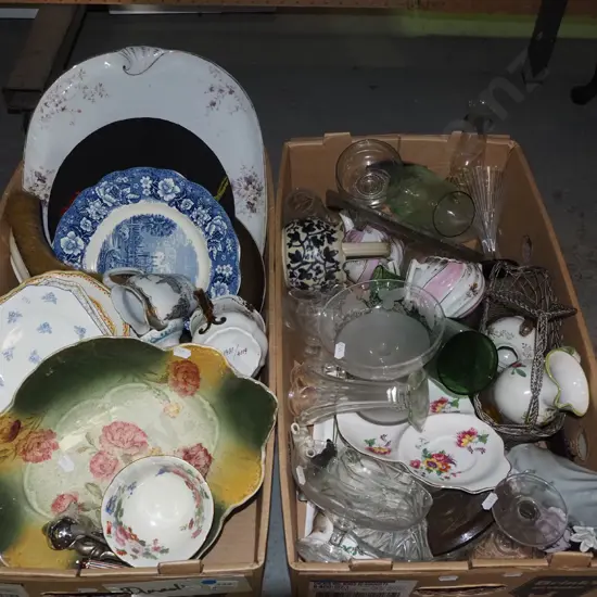 2 boxes; glass ware, plates, saucers, vases etc - blue dots