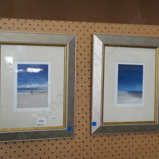 2x framed prints - people on beaches - blue dots